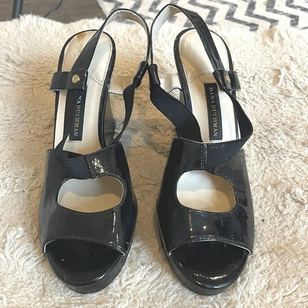 Dana Buchman Black Patent Peep Toe Wedge Sandals Elastic Slingback Shoes